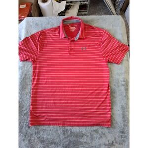 Mens Under Armour Size Large Playoff Polo Golf Shirt Red Striped Heatgear
